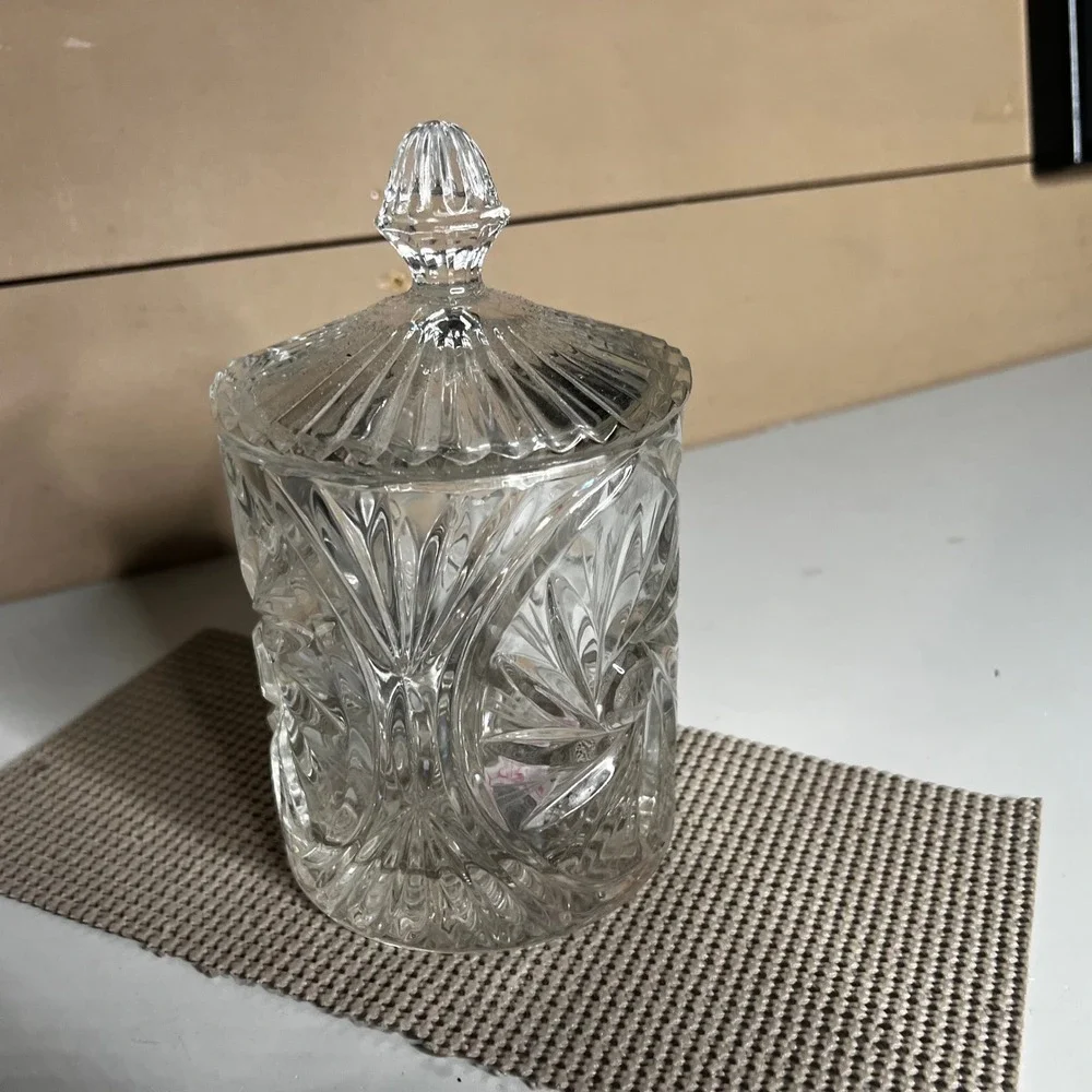 Vintage Clear Cut Crystal Pinwheel Star Glass Biscuit Jar Candy Dish with Lid